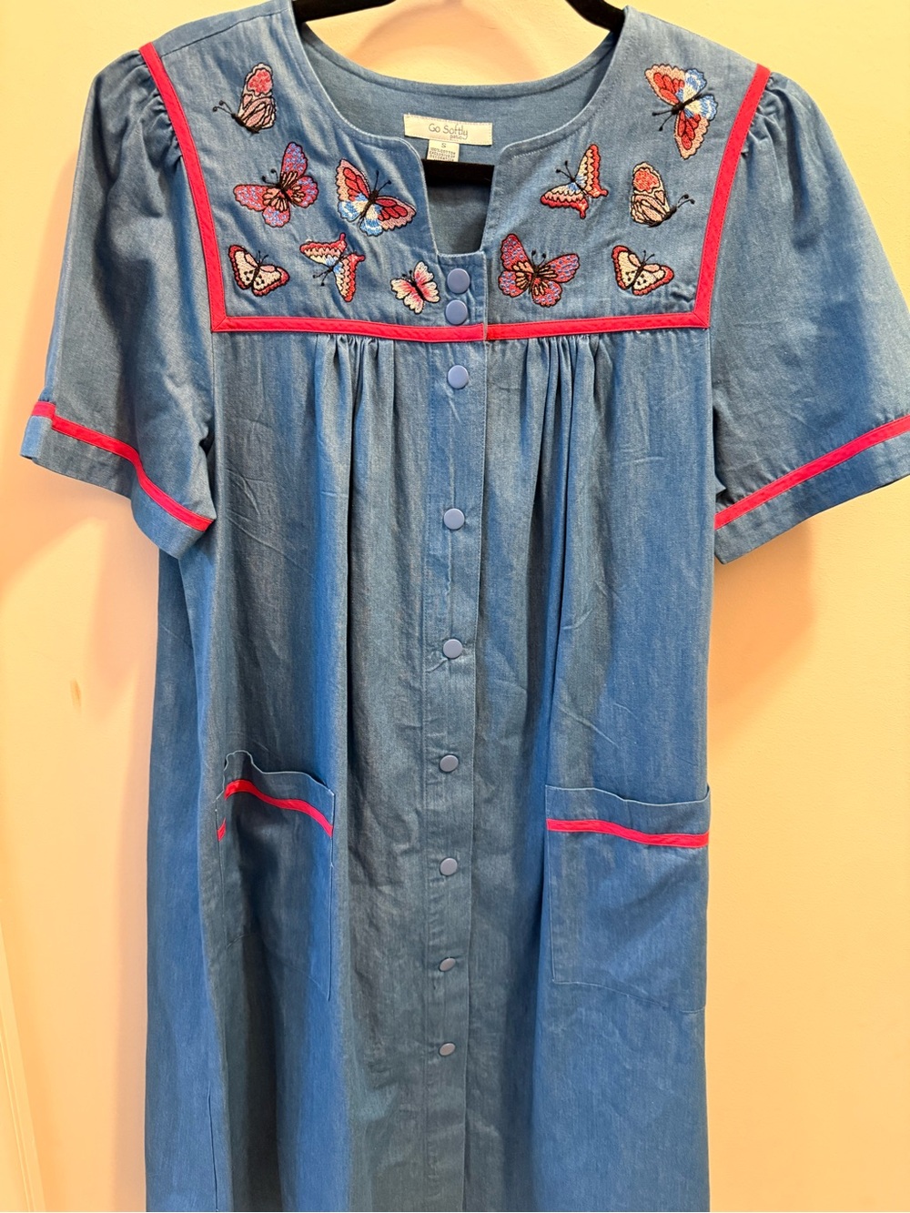 Go Softly Patio small chambray butterfly embroidered house dress cottagecore